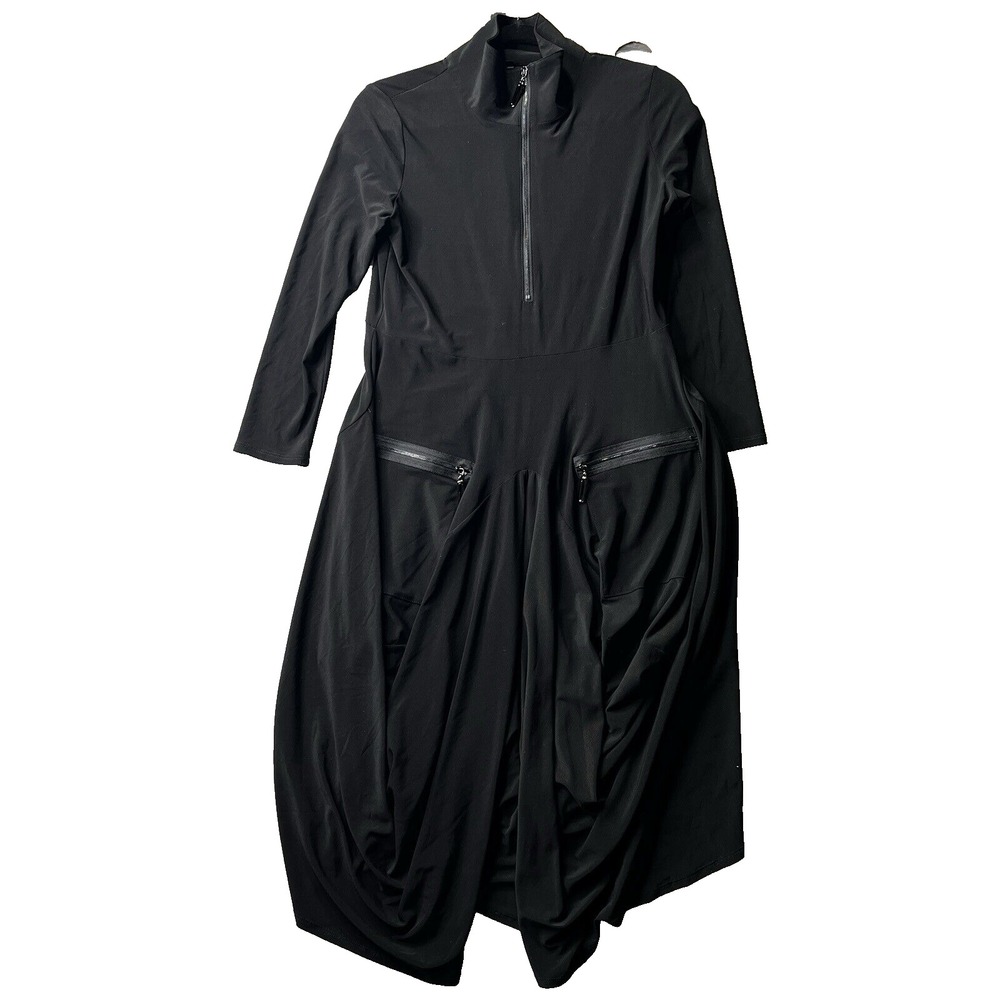 IC Collection Black Avant Garde Zip Front Ruched Bubble Hem Dress Sm Gold Specs - Picture 2 of 15